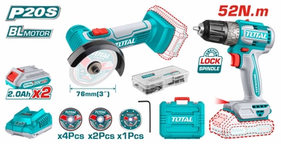 TOTAL TCKLI20278 Li-ion 2 Pcs Combo Kit | 20V | Mini Cut-Off Tool + Brushless Drill | 2 × 2.0Ah Batteries | Industrial | Model: TCKLI20278_img_1