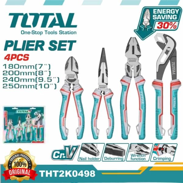 TOTAL THT2K0458 4 Pcs Cr-V High Leverage Pliers Set | 30% Strength Saving | Black Finish & Polish | Model: THT2K0458_img_0