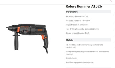 AITE 800w Rotary Hammer, 26mm, 3.3J, SDS-PLUS; Model: AT526_img_2