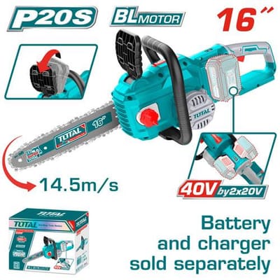TOTAL TGSLI40168 Cordless Chain Saw, 40V (2×20V), 16" (40cm) Bar, Brushless Motor, Tools Only | Model: TGSLI40168_img_0
