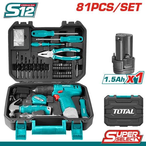 TOTAL THKTHP10812 81 Pcs Household Set | 12V Cordless Drill + Hand Tools + Accessories | Model: THKTHP10812
