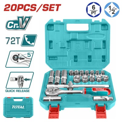 TOTAL THT121201 20 Pcs 1/2" Socket Set | 72-Tooth Ratchet | Cr-V Steel | Metric Sizes | Model: THT121201_img_0