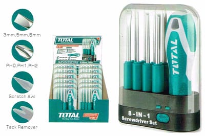 TOTAL THT250906 9 Pcs Interchangeable Screwdriver Set | Includes Handle & Case | Slotted & Phillips Bits | Scratch Awl | Tack Remover | Model: THT250906_img_0