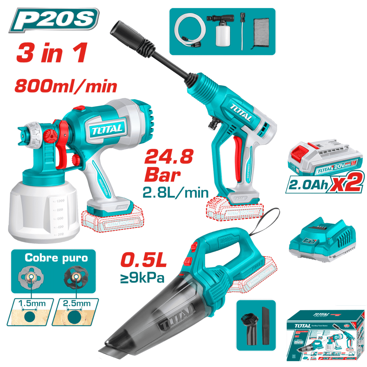 TOTAL TOSLI230522 20V Cordless 3-Piece Combo Kit | Pressure Washer + Paint Sprayer + Hand Vacuum | 2 × 2.0Ah Batteries | Model: TOSLI230522