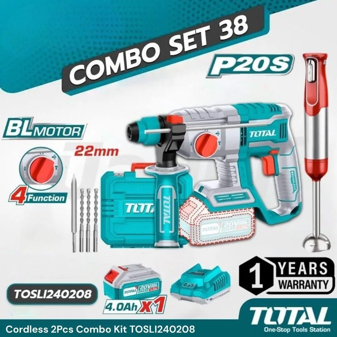 TOTAL TOSLI240208 20V Cordless Rotary Hammer Combo Kit | Rotary Hammer + Hand Blender | Brushless Motor | 2.0J Impact Energy | Model: TOSLI240208