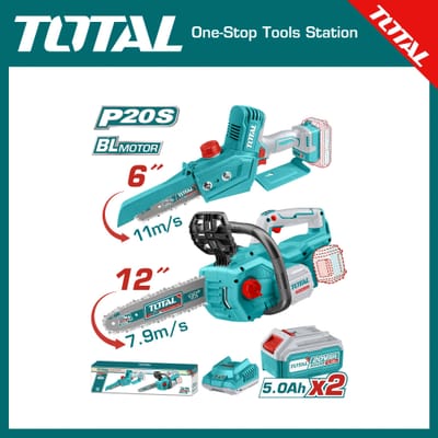 TOTAL Cordless 2 Pcs Chain Saw Combo Kit | 20V | 2 × 5.0Ah Batteries | 6" & 12" Brushless Chain Saws | Model: TOSLI240788_img_0