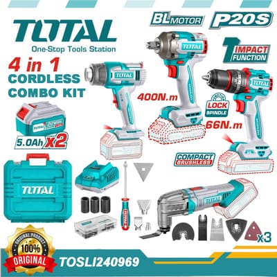 TOTAL TOSLI240969 Li-ion 4 Pcs Combo Kit | Brushless Impact Wrench, Impact Drill, Heat Gun & Multi-Tool | 2 × 5.0Ah Batteries | Model: TOSLI240969_img_3
