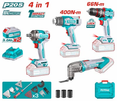 TOTAL TOSLI240969 Li-ion 4 Pcs Combo Kit | Brushless Impact Wrench, Impact Drill, Heat Gun & Multi-Tool | 2 × 5.0Ah Batteries | Model: TOSLI240969_img_2
