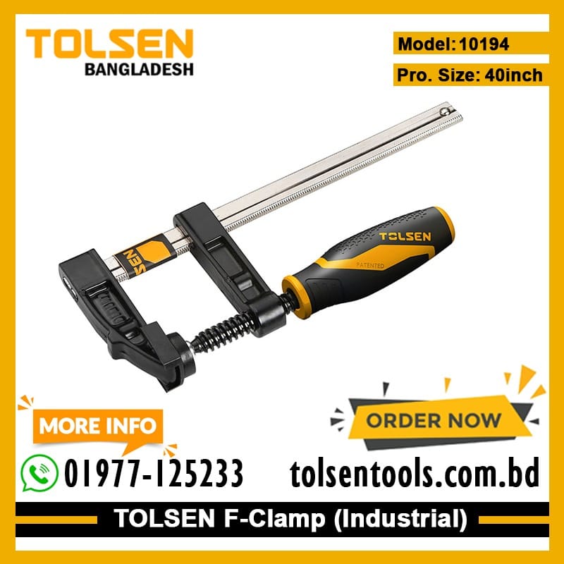 TOLSEN 10194 F-Clamp, 40" (1000mm). Industrial Series, Nickel Plated Bar, Two-Component Handle | Model: 10194