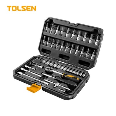 TOLSEN 15138 46Pcs 1/4" Socket Set | 72-Tooth Ratchet | Cr-V Sockets | S2 Bits | Blow Mold Case | Industrial Series | Model: 15138_img_0
