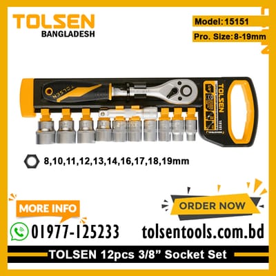 TOLSEN 15151 12Pcs 3/8" Drive Ratchet Handle with Socket Set, Quick Release, 72-Tooth, CrV Steel, Industrial Series; Model: 15151_img_2