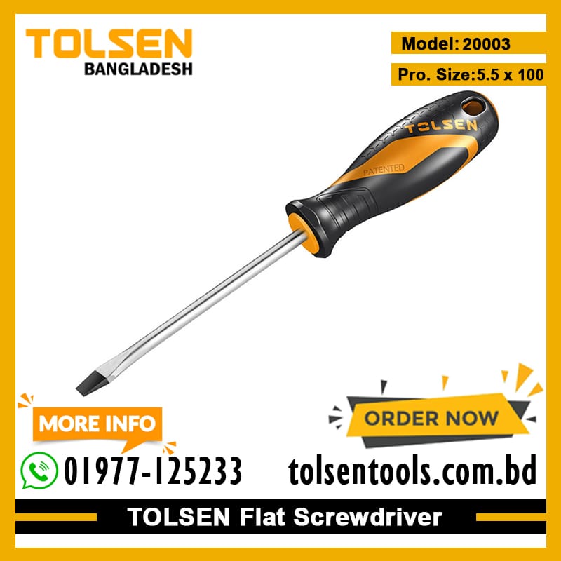 TOLSEN 20003 Flat Screwdriver, 5.5x100mm, CrV Steel, Two-Component Grip, Magnetic Tip, Black Finish | Model: 20003