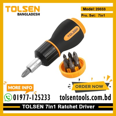 TOLSEN 20033 7-in-1 Ratchet Screwdriver, Phillips & Flat Bits, CrV Steel, Double Blister, Model: 20033_img_1