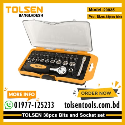 TOLSEN 20035 38Pcs Bit & Ratchet Socket Set | 1/4" Drive | Cr-V Bits | TPR Handle | Plastic Case | Model: 20035_img_10