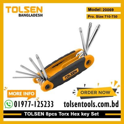 TOLSEN 20069 8Pcs Folding Torx Star Hex Key Set, CrV Steel, Heat Treated, Chrome Plated, Sizes T9–T40, Model: 20069_img_0