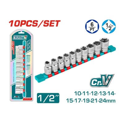 TOTAL THT121101 10 Pcs 1/2" Socket Set, Sizes 10-24mm, Industrial | Cr-V Steel, Heat Treated & Chrome Plated | Model: THT121101_img_0