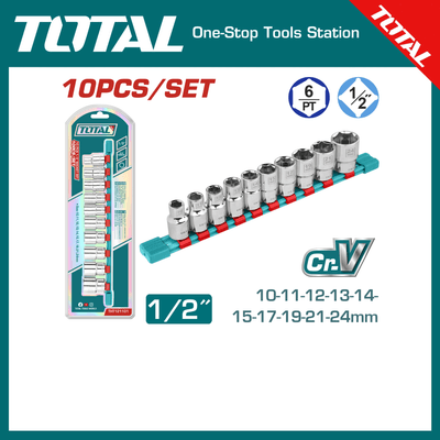 TOTAL THT121101 10 Pcs 1/2" Socket Set, Sizes 10-24mm, Industrial | Cr-V Steel, Heat Treated & Chrome Plated | Model: THT121101_img_1