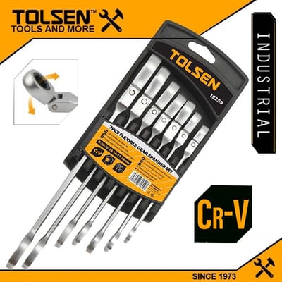 TOLSEN 15259 7Pcs Flexible Head Combination Ratchet Spanner Set | Chrome Plated | Satin Finish | Sizes 8–19mm | Model: 15259_img_4
