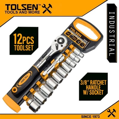 TOLSEN 15151 12Pcs 3/8" Drive Ratchet Handle with Socket Set, Quick Release, 72-Tooth, CrV Steel, Industrial Series; Model: 15151_img_5