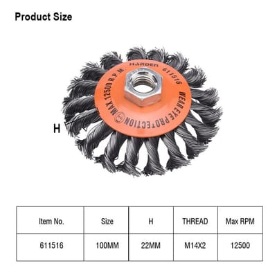 HARDEN 4" Wire Brush Twisted Knot Conical for 100mm grinder, Twist Wire Belvel Brush, Power Brush; Model: 611516_img_0