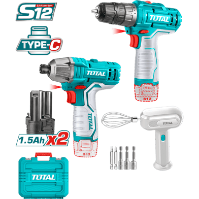 TOTAL TOSLI240205 Cordless 3 Pcs Combo Kit | 12V | Drill + Impact Driver + Hand Mixer | 2 × 1.5Ah USB-C Batteries | Model: TOSLI240205