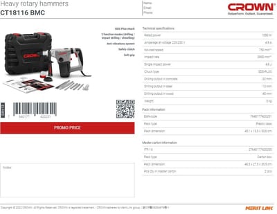 CROWN CT18116 Professional Heavy Rotary Hammer SDS-Plus, 32mm, 1050W, 4.8J; CT18116_img_5