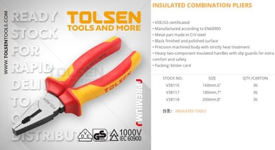 Tolsen 8" VDE 1000V Insulated Combination Pliers 200mm Model: V38118_img_3