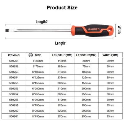 HARDEN Slotted Magnetic Screwdriver ( 1.5" | 4" | 6" | 8" | 10" | 12" ), Flat Screw driver with strong magnet & CRV; Model: 550251 | 550253 | 550255 | 550256 | 550257 | 550258_img_6