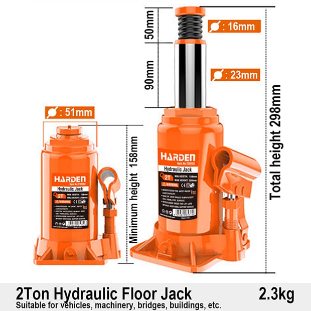 HARDEN Hydraulic Bottle Jack( 2 Ton | 3 Ton | 5 Ton | 10 Ton | 50 Ton ), Heavy Duty Car & Truck Lifting Jack; 730102
