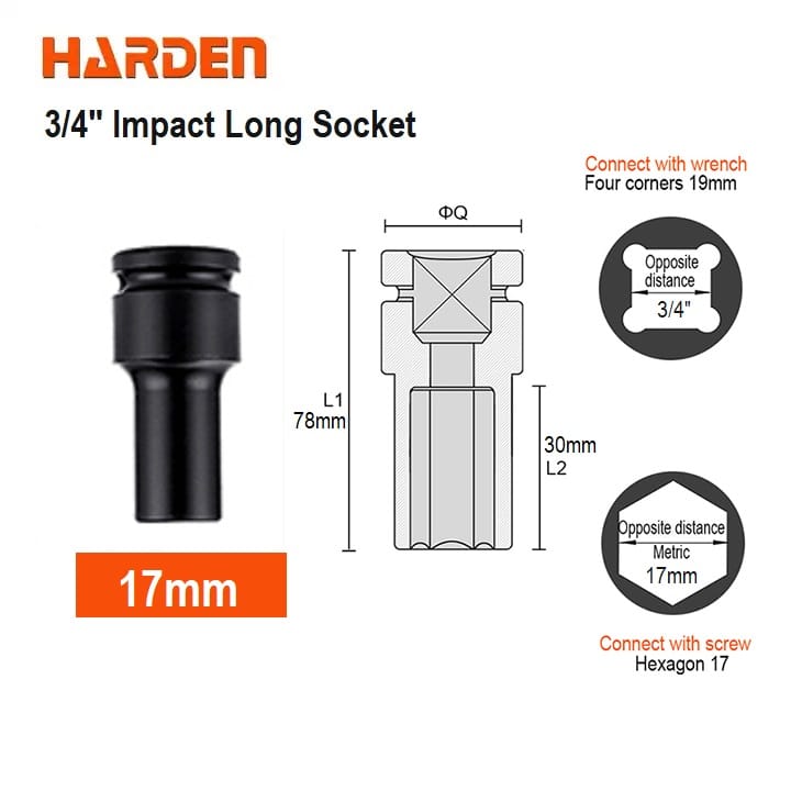 HARDEN 3/4" Impact Long Socket, Impact Socket 3/4" Dr. (Deep) - 6PT, Deep Socket, Various available sizes; 536717 - 536750