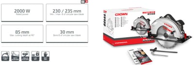CROWN ,CT15210, Professional Circular Saw, 2000W, 235mm, 45/90°, 60/85mm; Model: CT15210 - 235_img_2