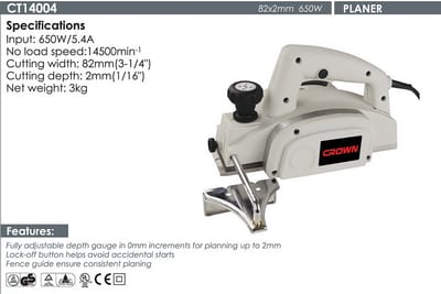 CROWN CT14004 Professional Power Planer, 650W, 2mm, 82mm; Model: CT14004_img_1
