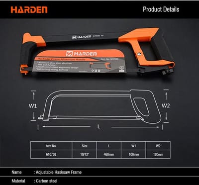 HARDEN 12” Square Hacksaw Frame, Aluminium D Type Handle, High Tension Hacksaw Frame with Front Grip, 45° and 90° Cutting Angle Design, Professional quality; 610705_img_5