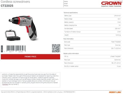 Crown CT22025, 3.6v Cordless Screwdriver with 31pcs bit set, 1.3Ah, Chuck : 6.35mm, Max. Torque: 3N.m, Model: CT22025_img_4