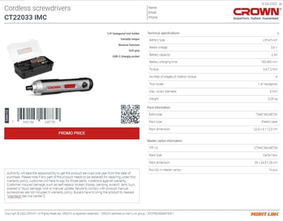 CROWN CT22033, Cordless Screwdrivers with 25pcs Bits Set, 3.6v, 2Ah; Model: CT22033_img_5