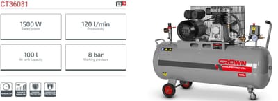 CROWN CT36031 100L Professional Belt Driven Air Compressor, 1491W, 120L/min, 8bar; Model: CT36031_img_1