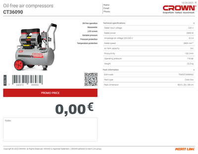 CROWN CT36090 24L Professional Oil-Free Air Compressor, 24L, 1400W, 100L/min, 8Bar; Model: CT36090_img_1
