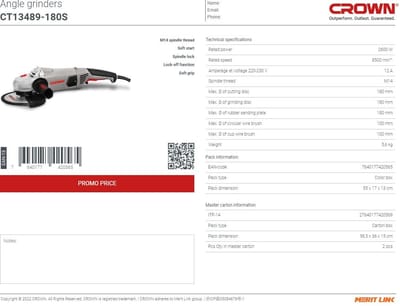 CROWN CT13489S 7" Professional Angle Grinder with Soft Start, 2600W, 180mm, Rear switch; CT13489S-180_img_1